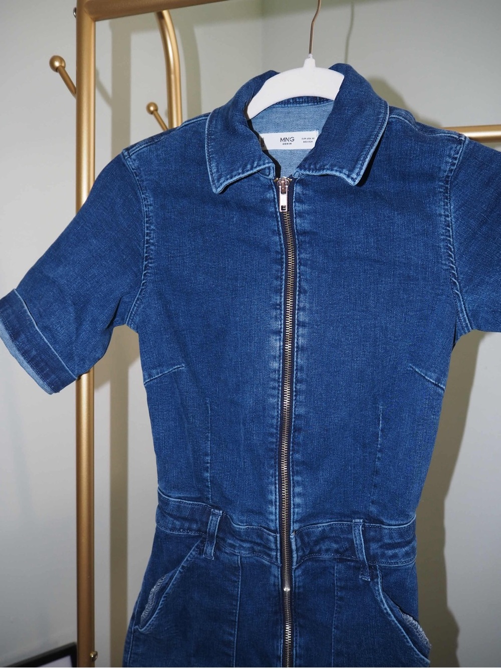 Mango MNG Dark Wash Denim Short Sleeve Zip Front Boilersuit Jumpsuit